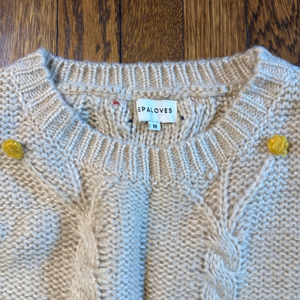 Anthropologie Pepaloves cable sweater with Pom-poms, NWOT, Medium, Cream - Picture 2 of 6